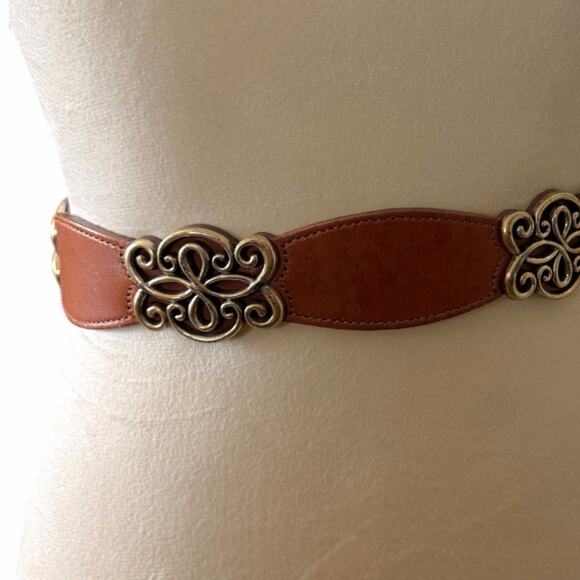 Brighton Western Boho Brown Cognac Leather Scroll Buckle Belt Women’s Size Small